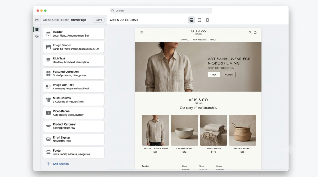A screenshot of the Shopify drag and drop website building interface showing the customizable store sections menu.