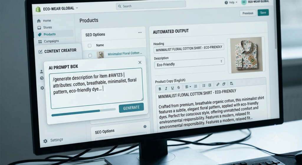 An abstract visual representation of Shopify Magic AI tools automated description generation inside an e commerce dashboard.