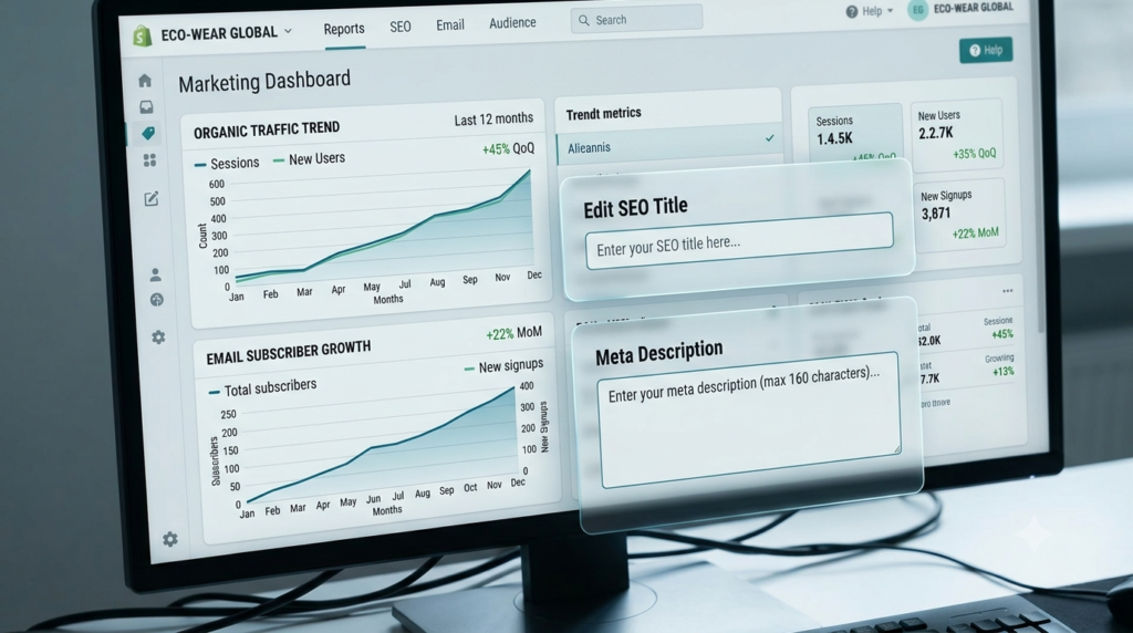 An optimization dashboard visualizing Shopify integrated SEO features and email marketing campaign analytics.