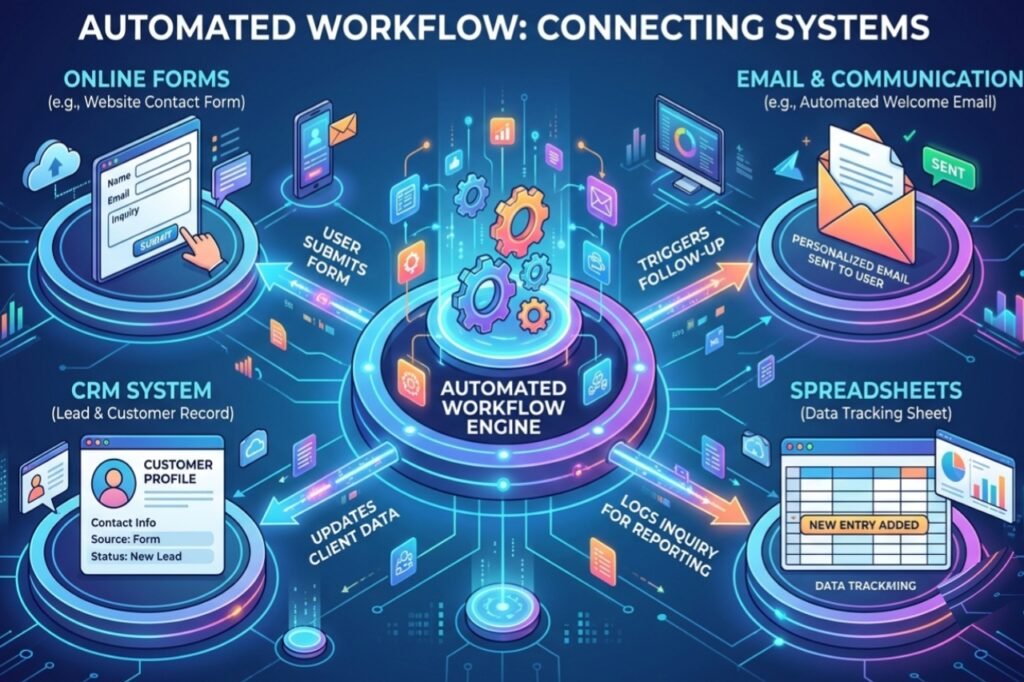 AI workflow connecting forms, email, CRM, and spreadsheets