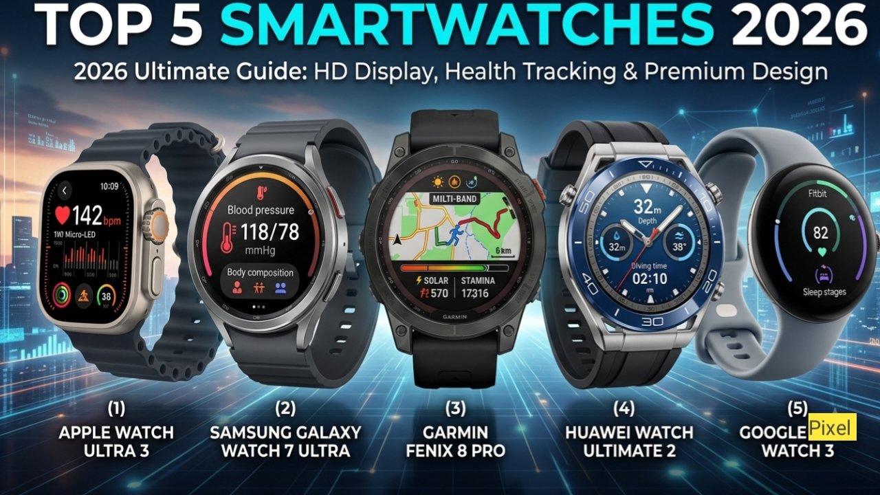 Top 5 Smartwatches in 2026 showing HD display and premium design