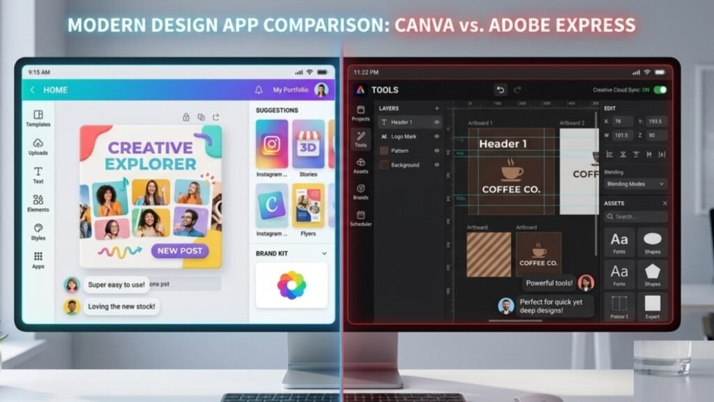 A side by side comparison visual of Canva and Adobe Express graphic design platform interfaces.