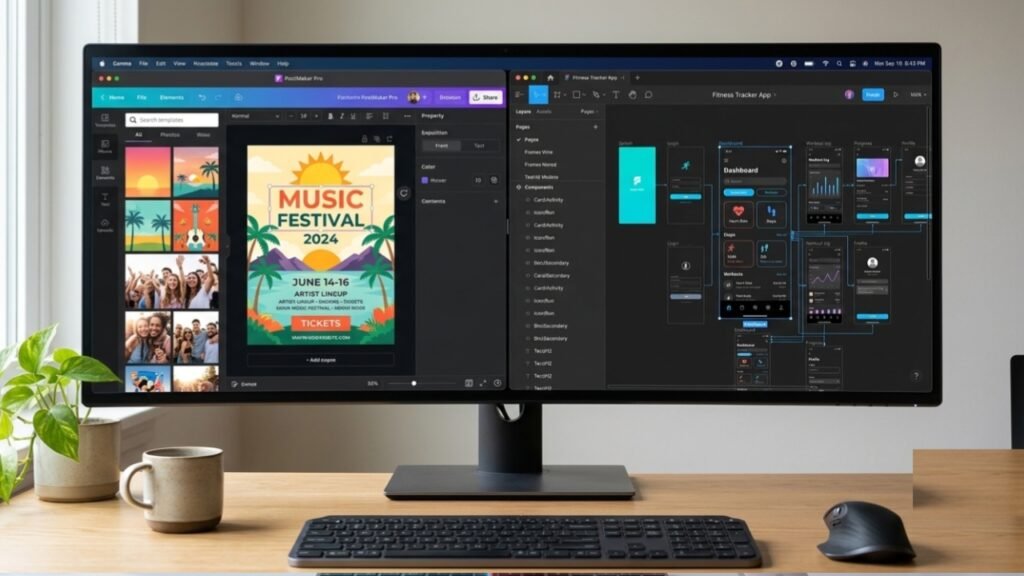 A visual breakdown comparing Canva social media template editing against Figma professional UI UX prototyping.