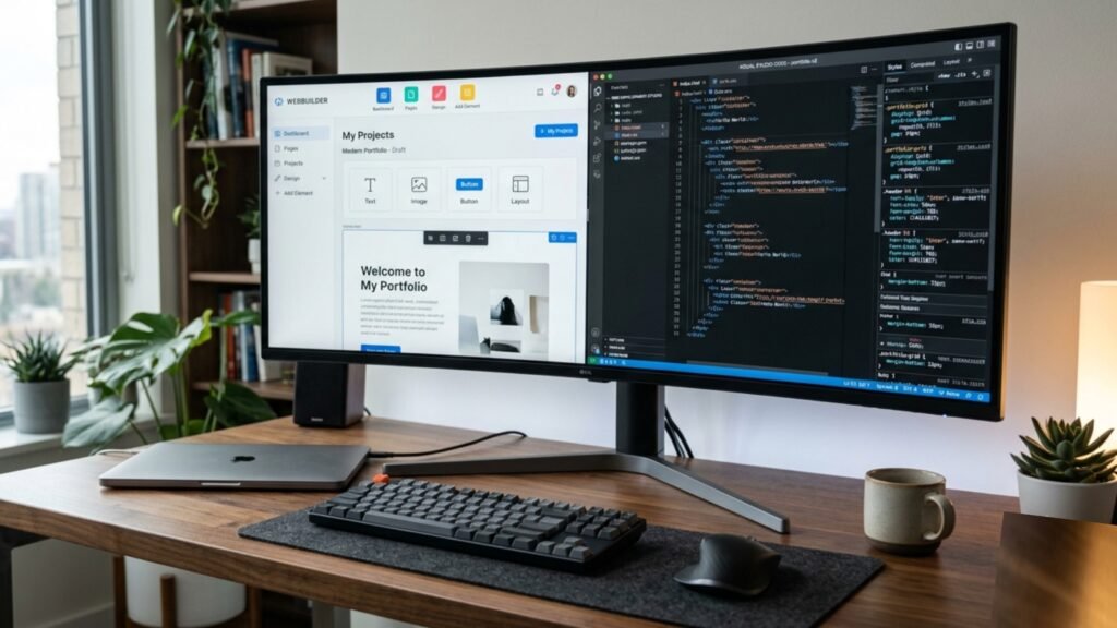 A visual comparison of a beginner friendly Website Building interface versus an advanced developer visual editor.