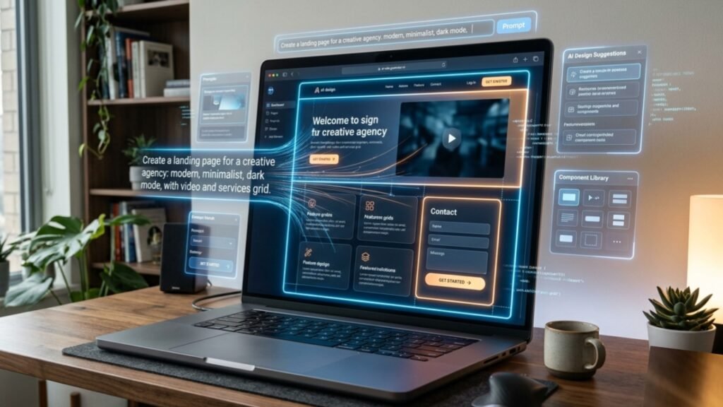 An abstract visual of an AI Website Building platform generating a custom site layout from a simple prompt.