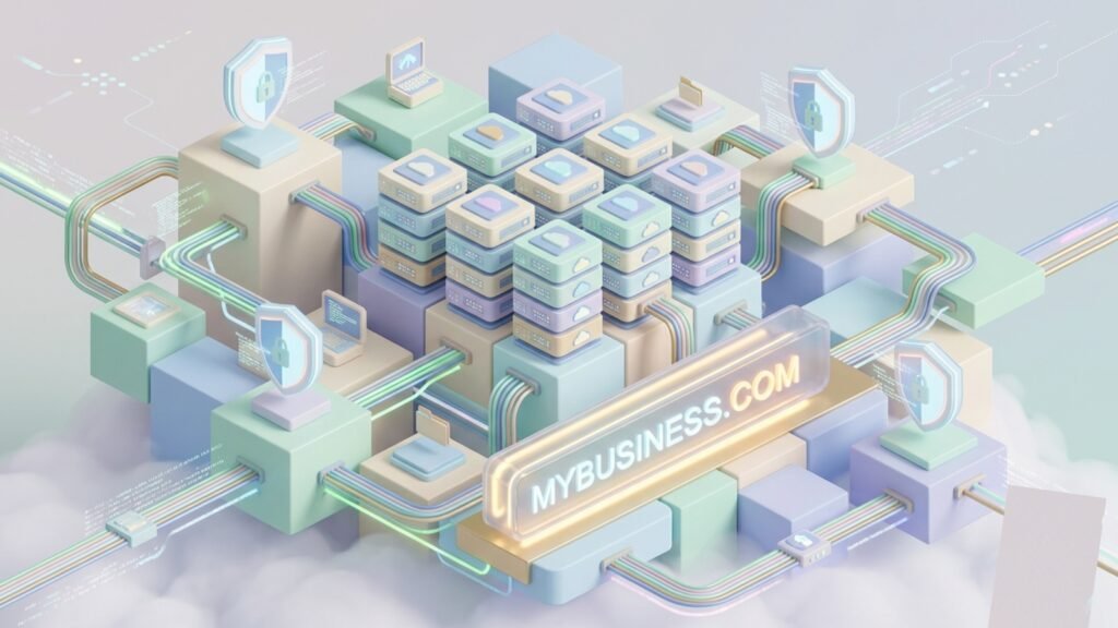 Isometric illustration representing cloud web hosting infrastructure and custom domain connections.