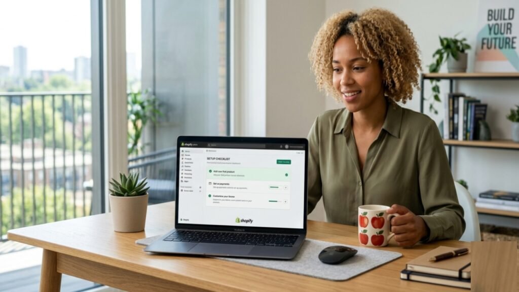 A new Shopify user successfully navigating the easy-to-use setup checklist in the store dashboard.