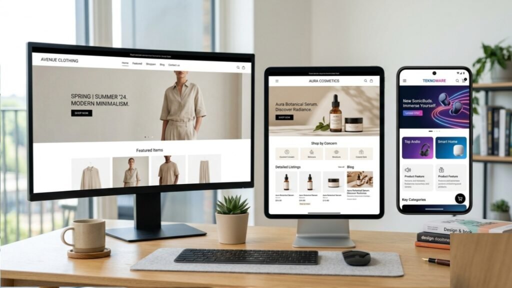 A visual comparison showcasing responsive Shopify e commerce templates across desktop, tablet, and mobile screens.