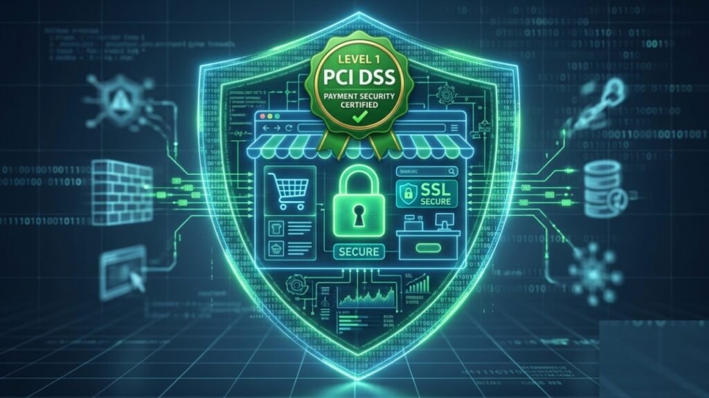 A conceptual visual representing robust Shopify store security including Level 1 PCI DSS compliance and SSL encryption.