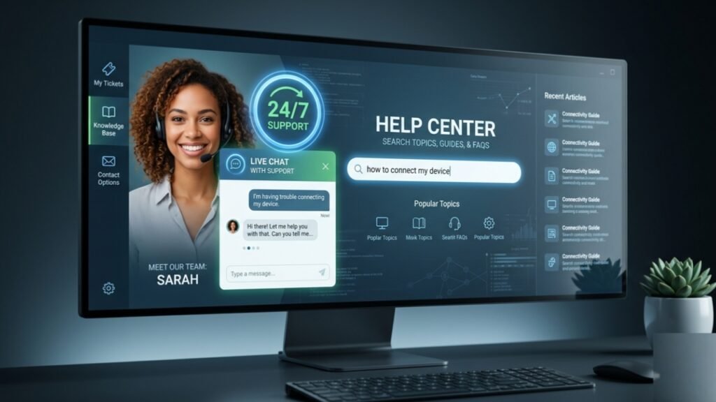 A snapshot of the Shopify customer support dashboard featuring active live chat assistance and global help center resources.