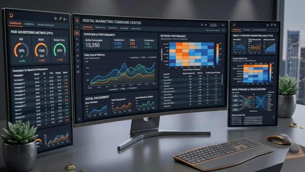 An overview of the Semrush main dashboard showing key performance indicators and tool categories.