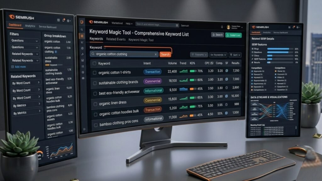 A demonstration of the Semrush Keyword Magic Tool interface, showing keyword suggestions, search volume, and difficulty scores.