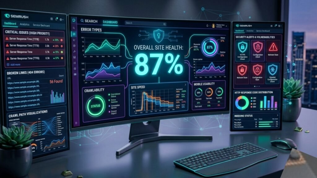 A visualization of a Semrush Site Audit report, highlighting errors, warnings, and overall technical SEO health score.